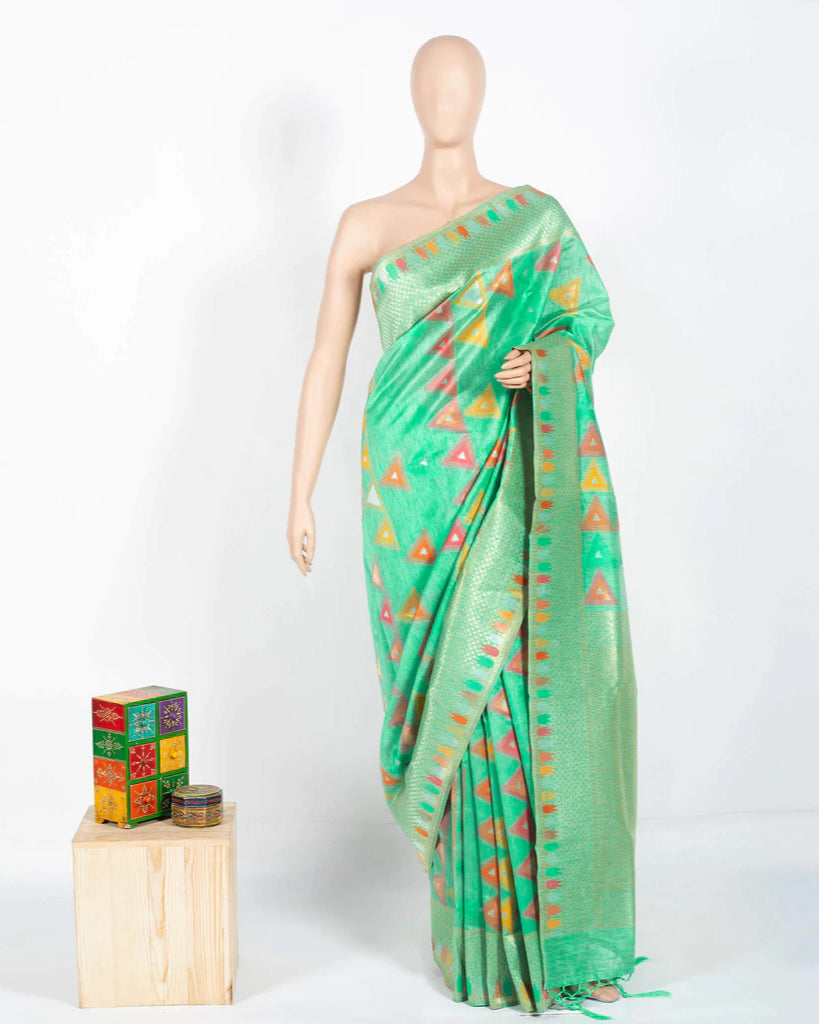 Sea Green And Orange Geometric Pattern Zari Jacquard Borderd Art Tussar Silk Premium Saree