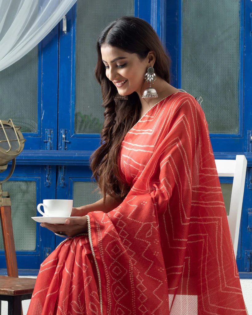 Merlot Red And White Bandhanii Pattern Digital Print Kota Doria Saree With Zari Lace Border