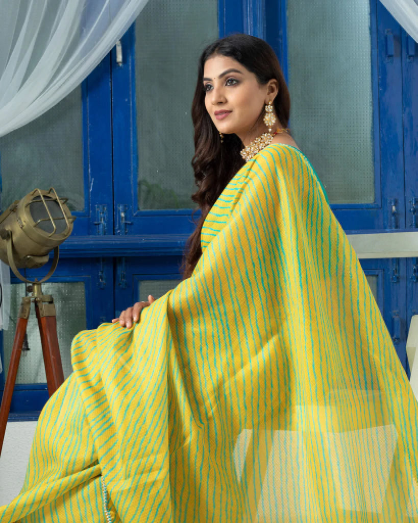 Mustard Yellow And Turquoise Leheriya Pattern Digital Print Kota Doria Saree With Zari Lace Border