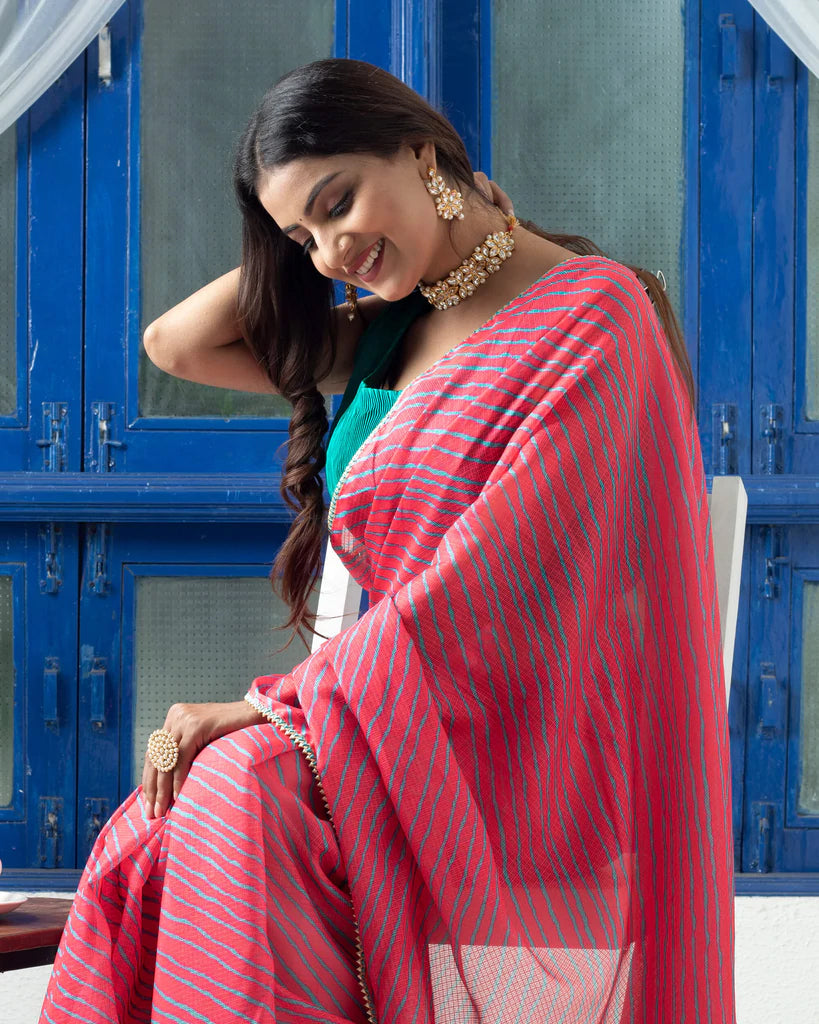 Deep Pink And Turquoise Leheriya Pattern Digital Print Kota Doria Saree With Zari Lace Border