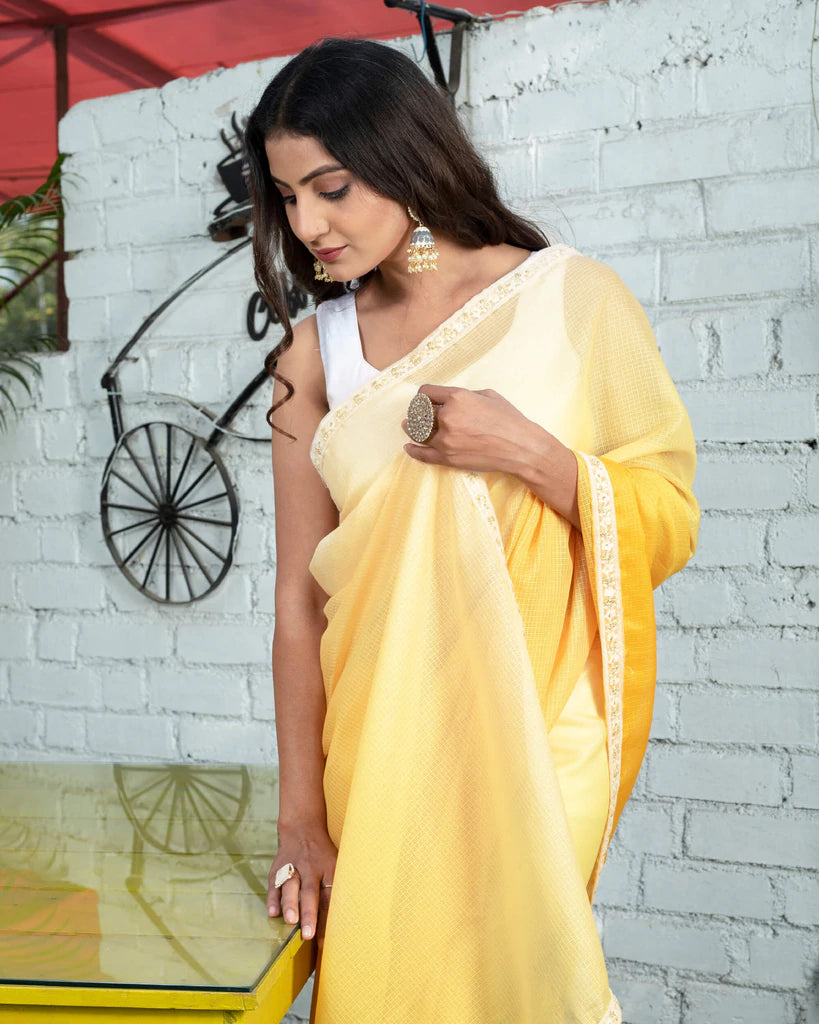 Yellow Ombre Pattern Digital Print Kota Doria Saree With Sequins Lace Border