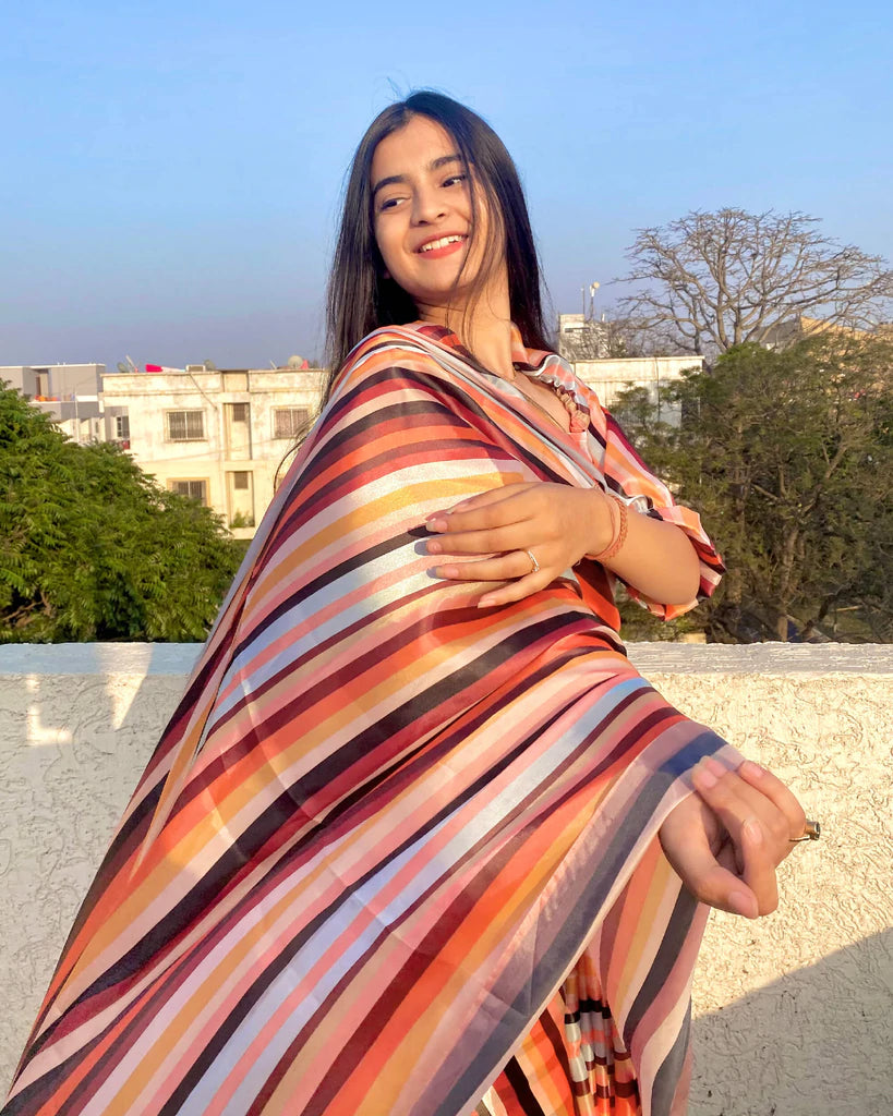 Multi-Color Stripes Pattern Liquid Organza Saree