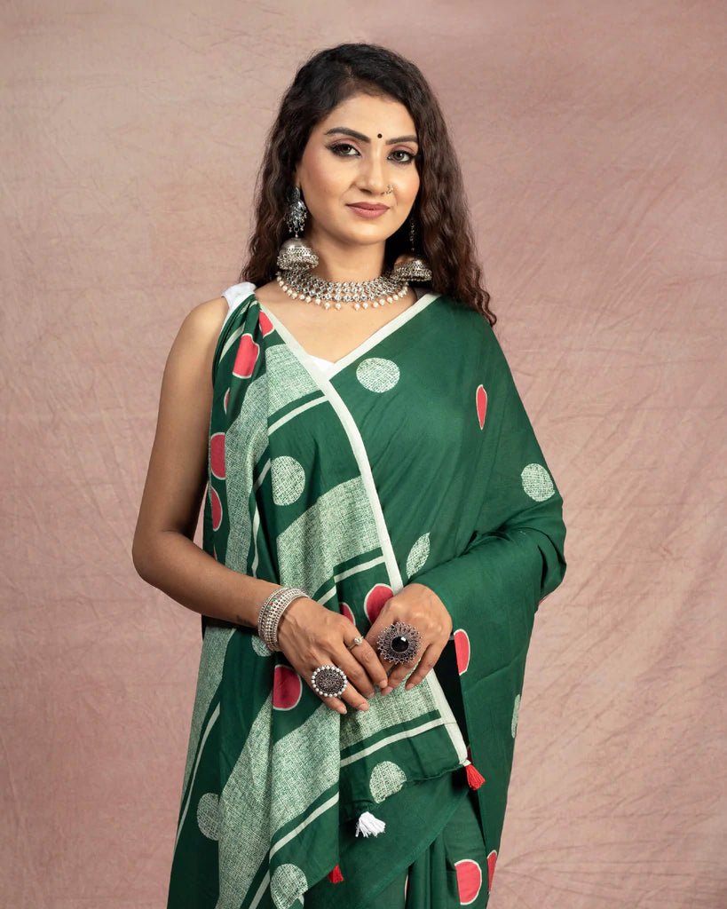 Sacramento Green And Red Polka Dots Pattern Digital Print Cotton Mulmul Saree With Tassles