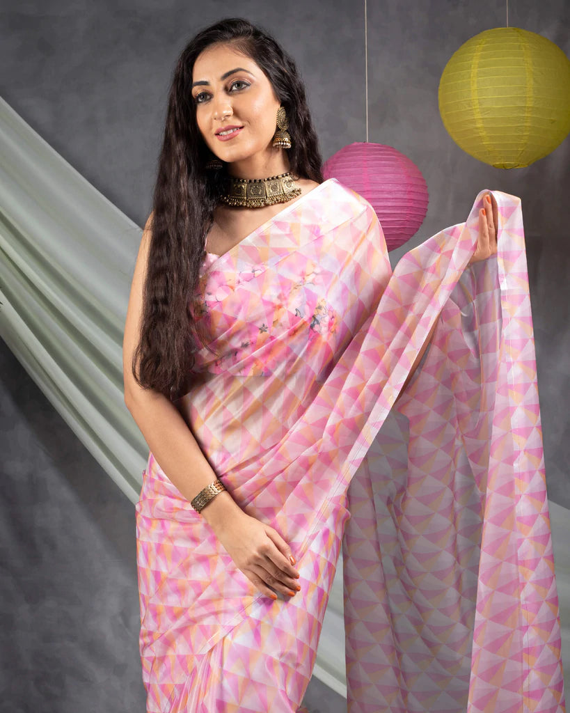 Taffy Pink And White Geometric Pattern Organza Saree With Tassels