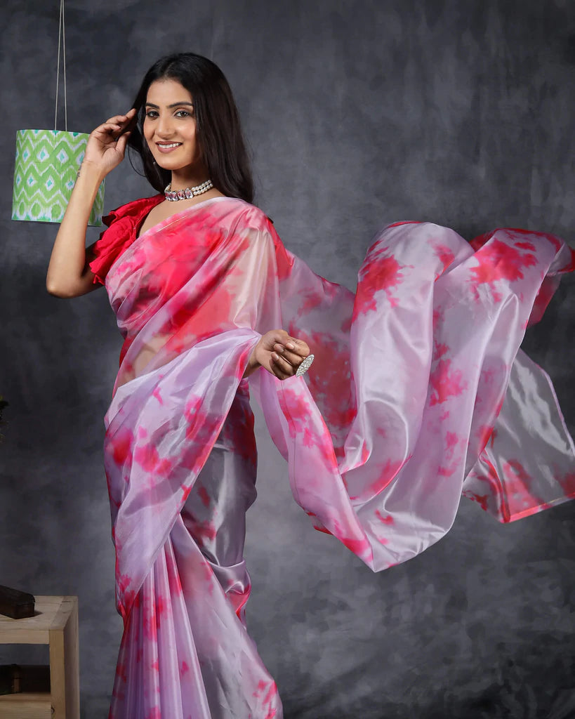 Pink Tye And Dye Pattern Liquid Organza Saree