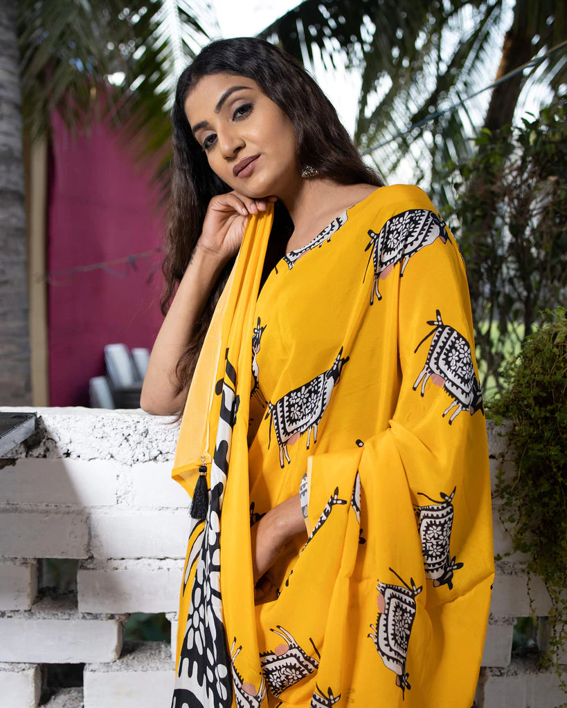 Gold Yellow And Black Animal Pattern Digital Print Natural Crepe Saree With Tassels