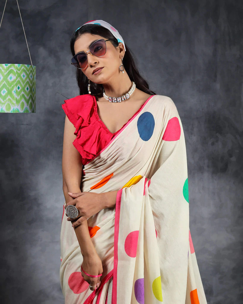 Off White And Pink Polka Dots Pattern Digital Print Saree