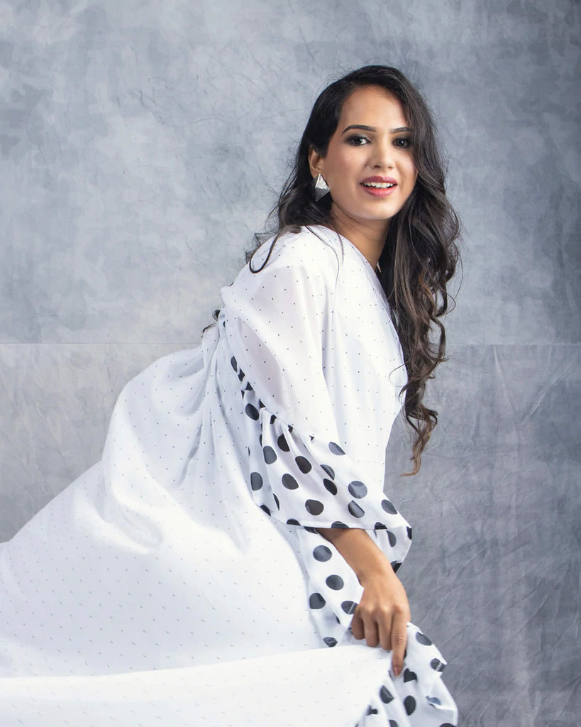 White And Black Polka Dots Pattern Digital Print Georgette Ruffle Saree