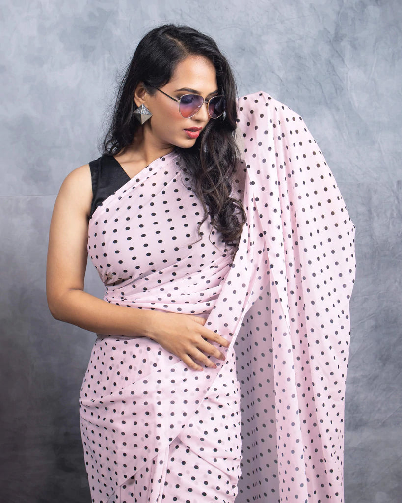 Pale Pink And Black Polka Dots Pattern Digital Print Georgette Saree With Tassels