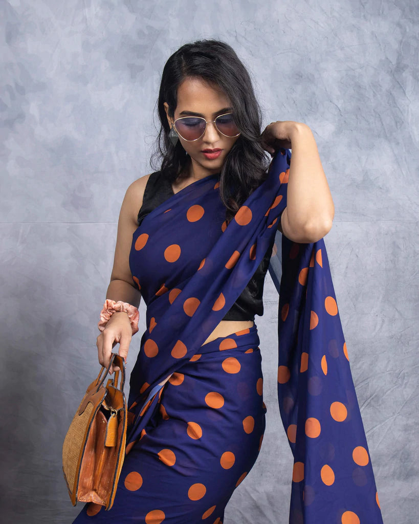 Navy Blue And Ochre Orange Polka Dots Pattern Digital Print Georgette Saree With Tassels