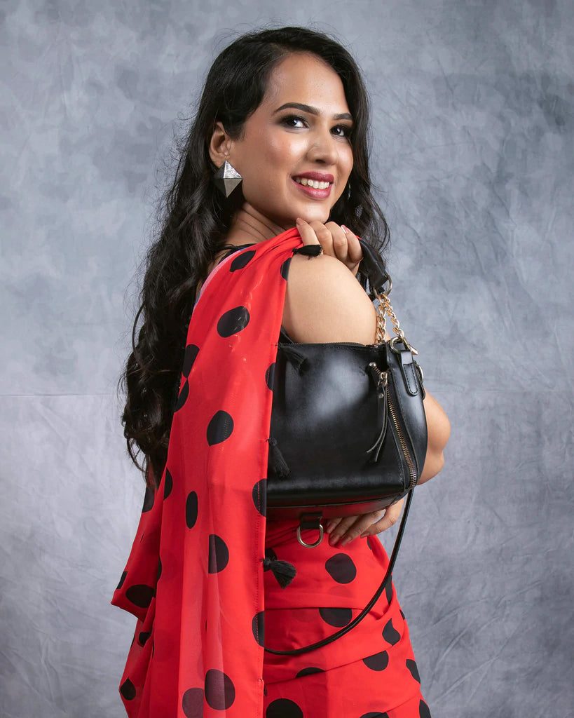 Red And Black Polka Dots Pattern Digital Print Georgette Saree With Tassels