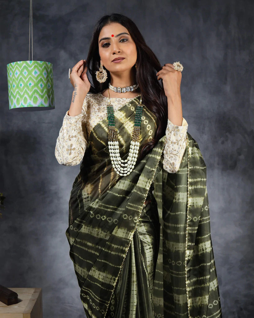 Army Green And White Shibori Pattern Liquid Organza Saree With Pearl Work Lace Border