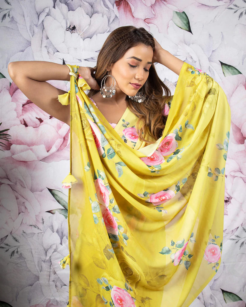 Medallian Yellow And Pink Floral Pattern Digital Print Georgette Saree With Tassels