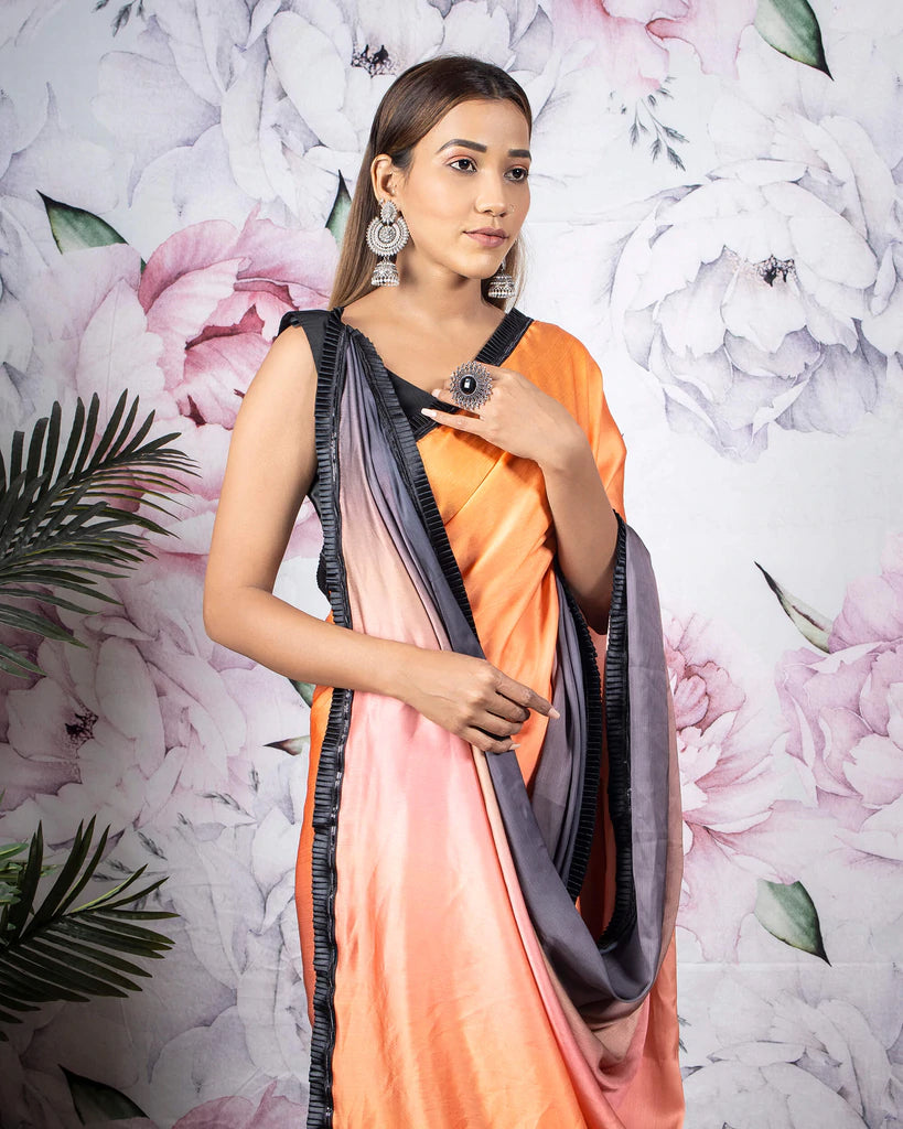Orange And Black Ombre Pattern Digital Print Chiffon Satin Saree With Satin Lace Border
