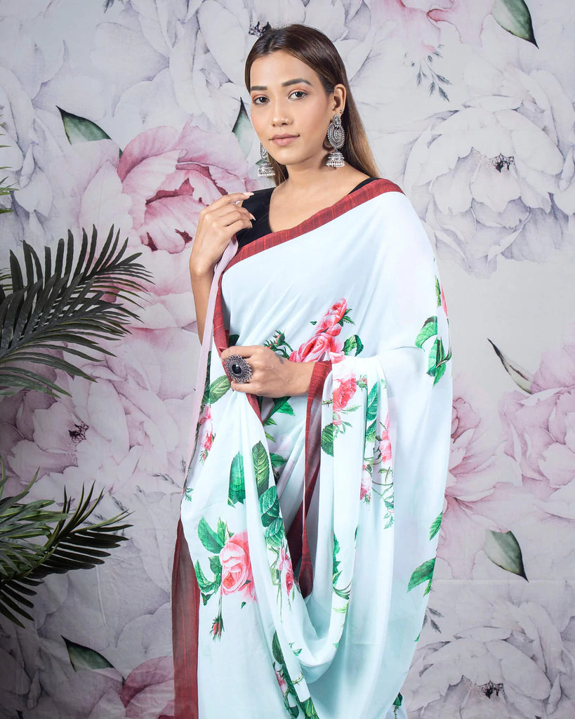 Baby Blue And Pink Floral Pattern Digital Print Georgette Saree