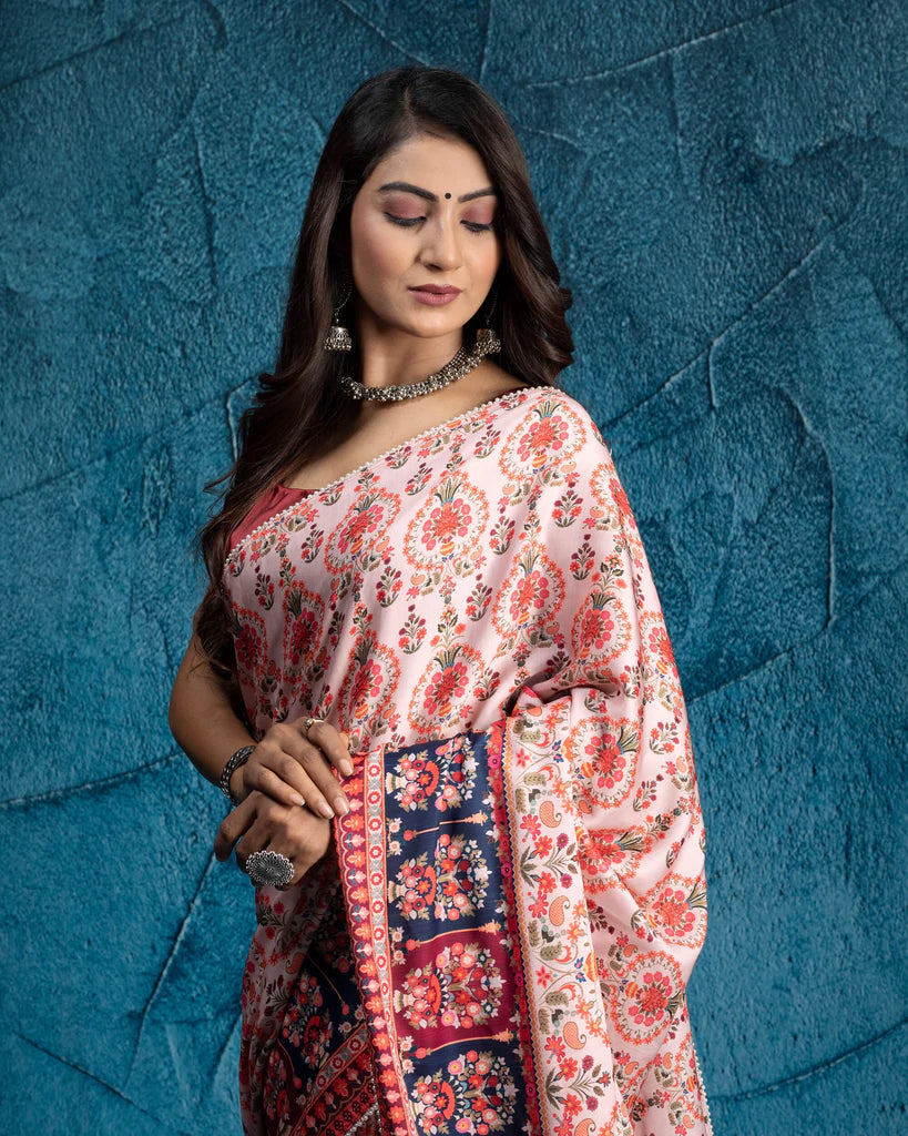 Red And Salmon Peach Floral Pattern Digital Print Muslin Saree With Pearl Work Lace Border