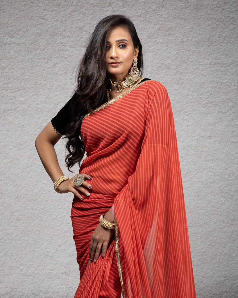 Sangria Red Leheriya Pattern Digital Print Georgette Saree With Zari Lace Border