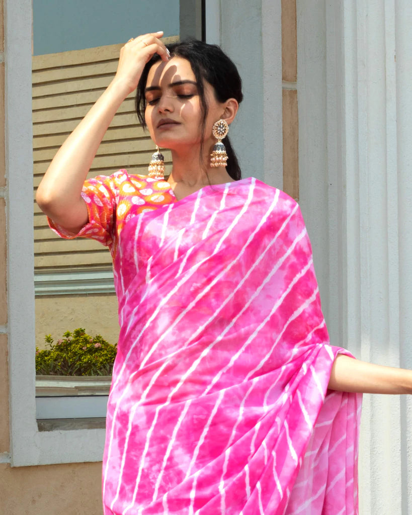 Hot Pink And White Leheriya Pattern Digital Print Georgette Saree With Tassels