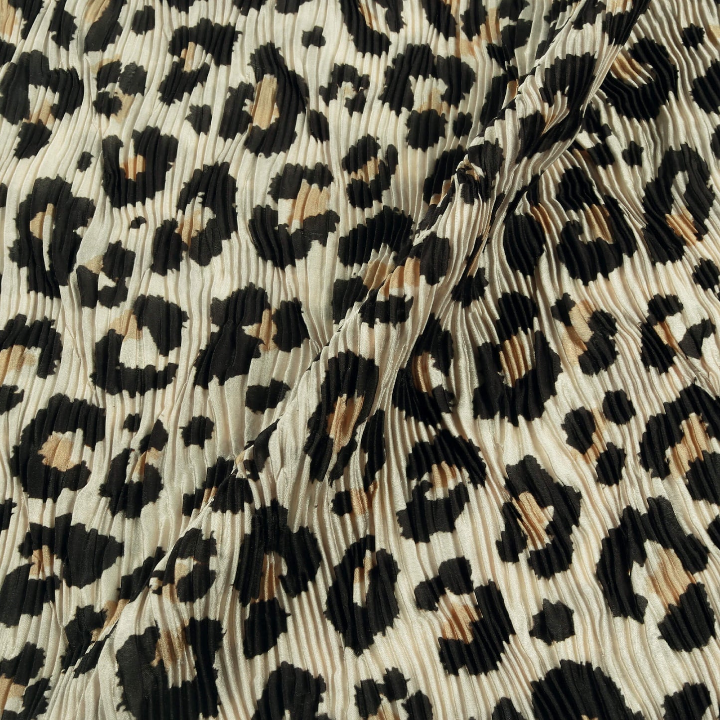 Ecru Beige and Black Leopard Animal Pattern Digital Print Georgette Satin Pleated Fabric