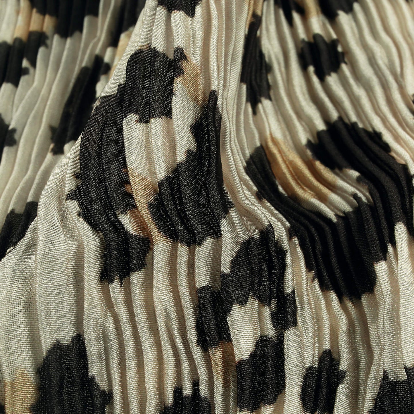 Ecru Beige and Black Leopard Animal Pattern Digital Print Georgette Satin Pleated Fabric