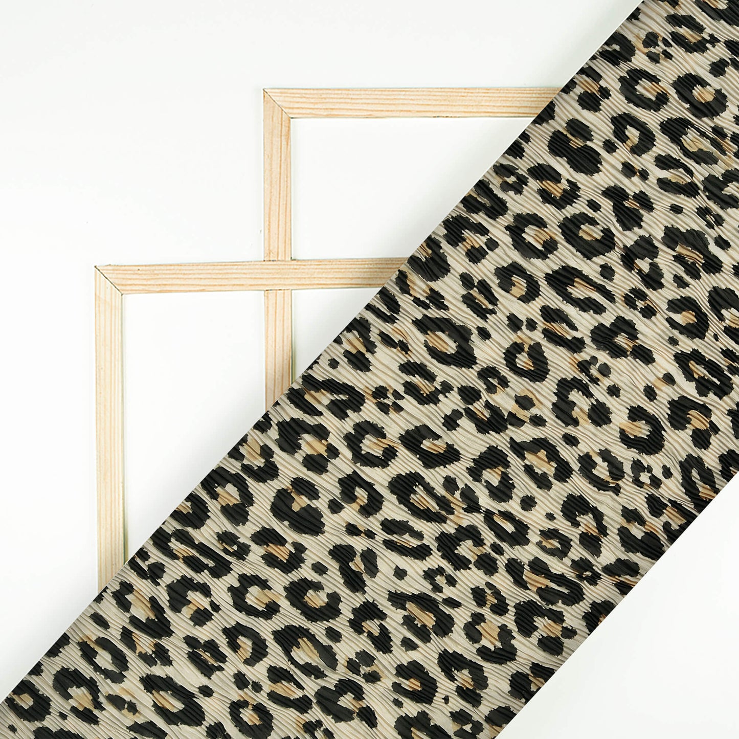 Ecru Beige and Black Leopard Animal Pattern Digital Print Georgette Satin Pleated Fabric