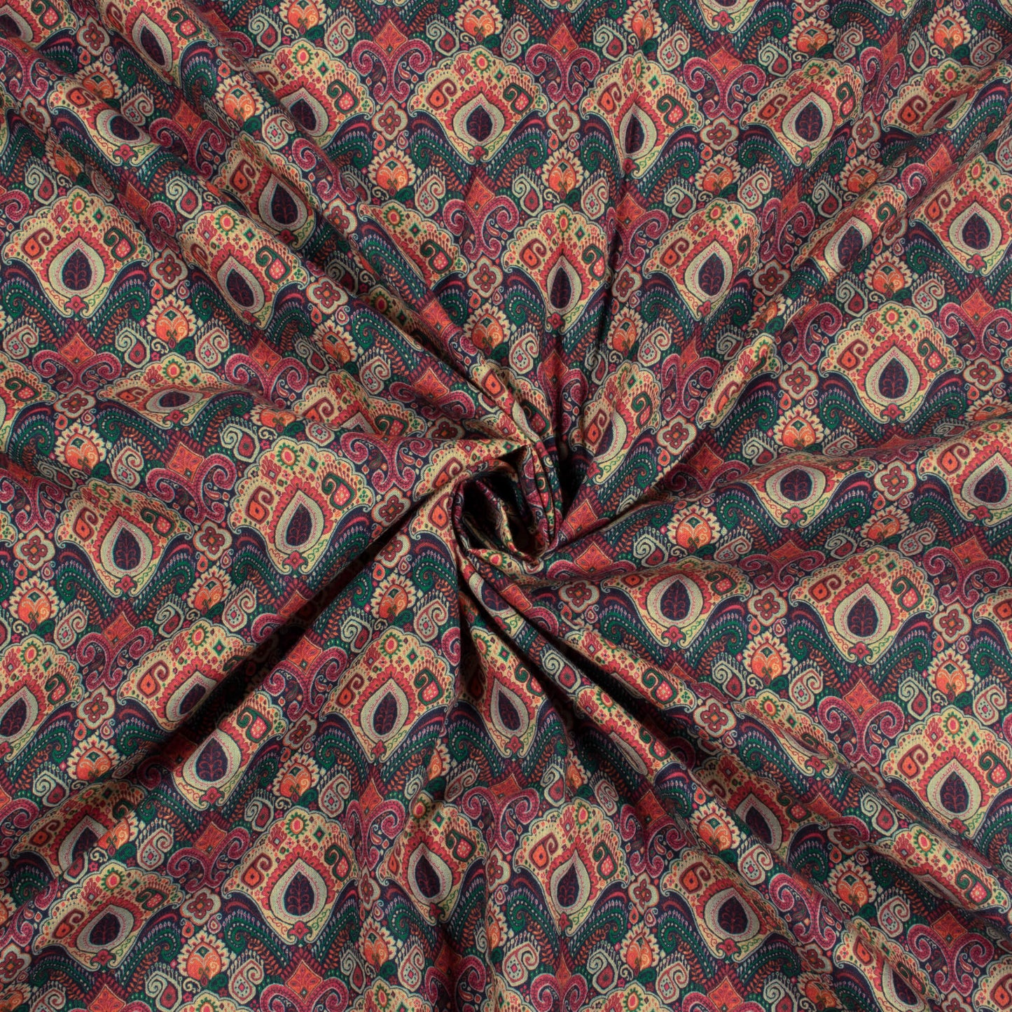 Sacramento Green And Cream Ethnic Pattern Digital Print Organic Cotton Fabric
