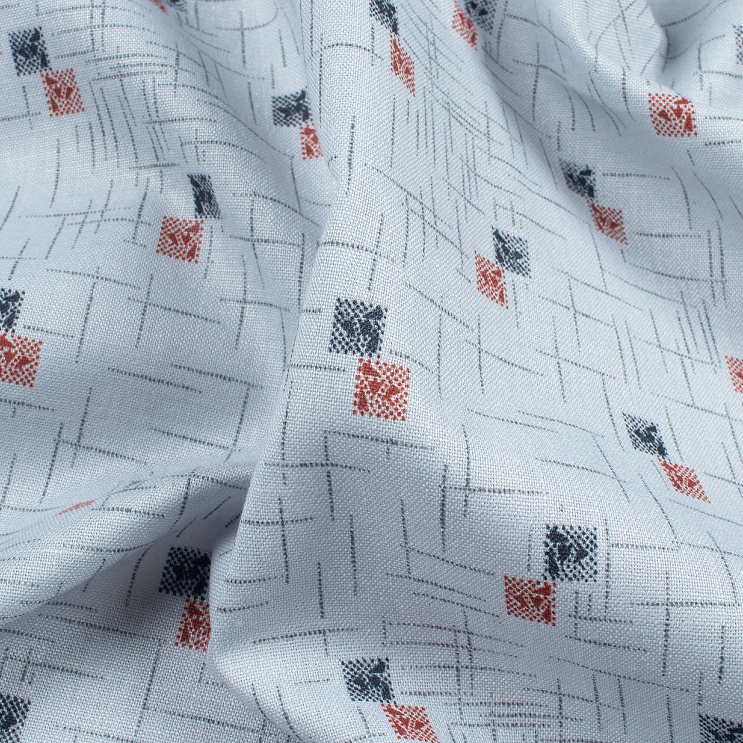 Powder Blue And Red Geometric Pattern Printed Poly Spun Exclusive Fabric (Width 36 Inches)