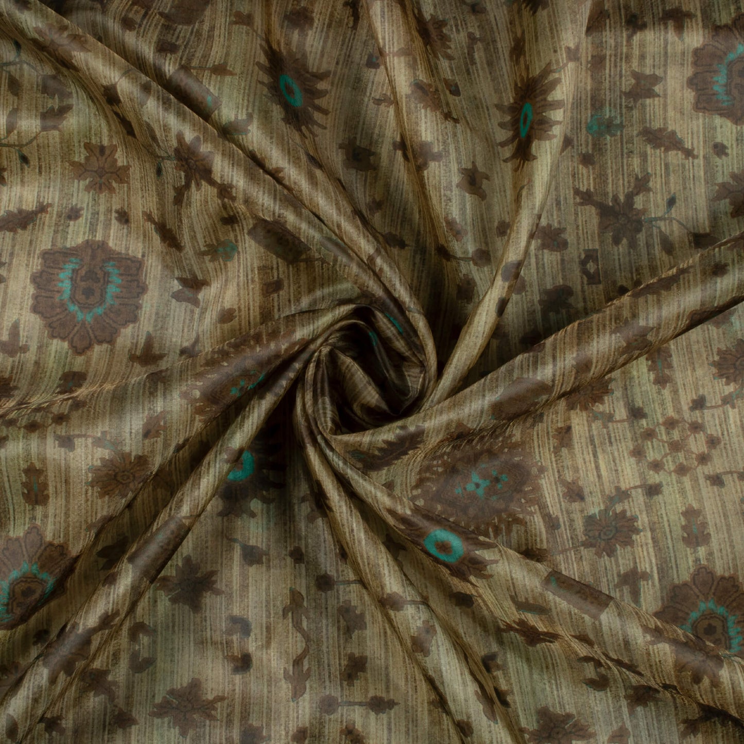 Peanut Brown And Pale Turquoise Traditional Pattern Digital Print Organza Satin Fabric
