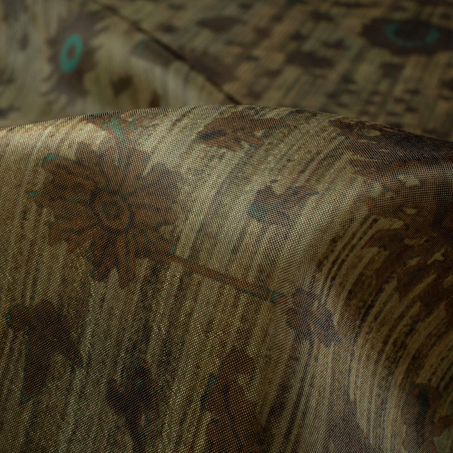 Peanut Brown And Pale Turquoise Traditional Pattern Digital Print Organza Satin Fabric
