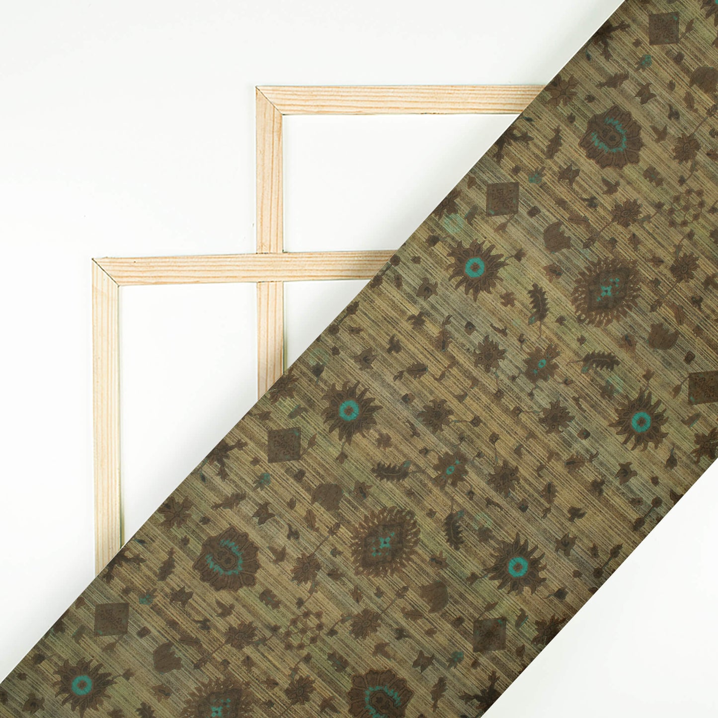 Peanut Brown And Pale Turquoise Traditional Pattern Digital Print Organza Satin Fabric