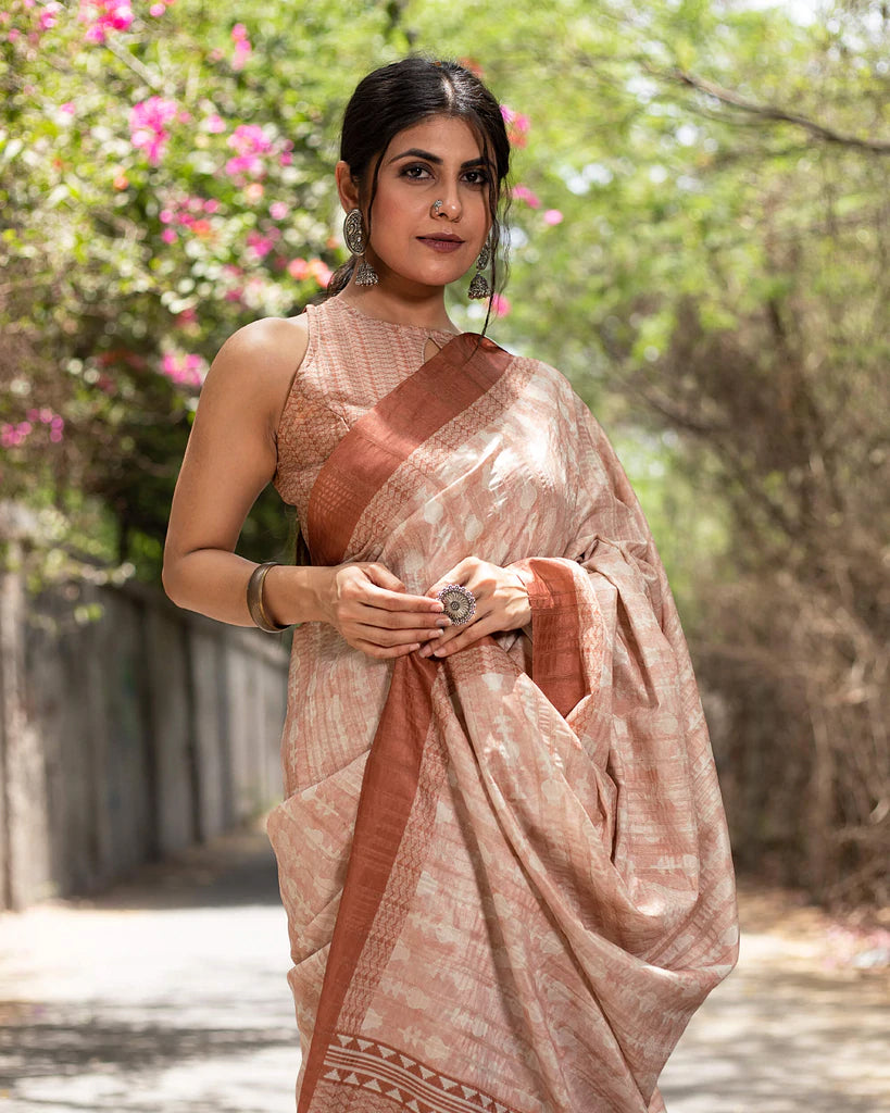 Brick Brown And White Booti Pattern Digital Print Art Tusser Silk Saree With Tassels