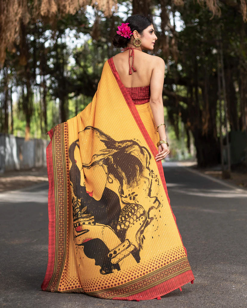 Merigold Yellow And Black Quirky Pattern Premium Sequins Georgette Saree With Tassels