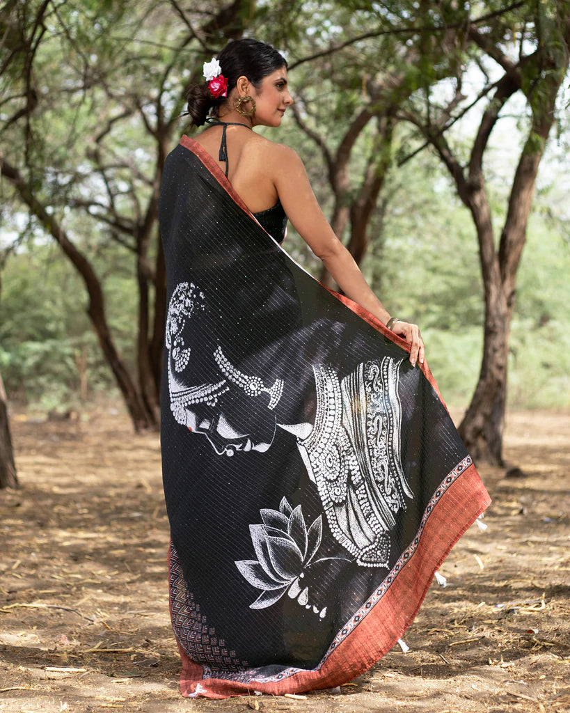 Black And White Quirky Pattern Premium Sequins Georgette Saree With Tassels