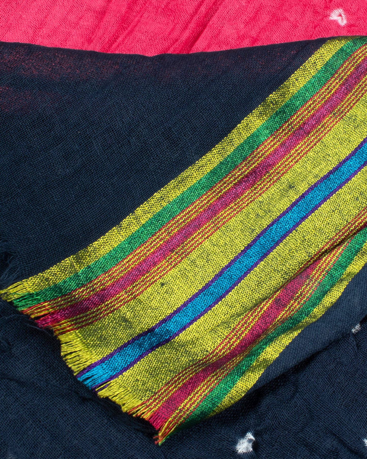 Punch Pink And Teal Green Kutchi Bandhani Foil Mirror Work Unstitched Cotton Suit With Zari Border Dupatta