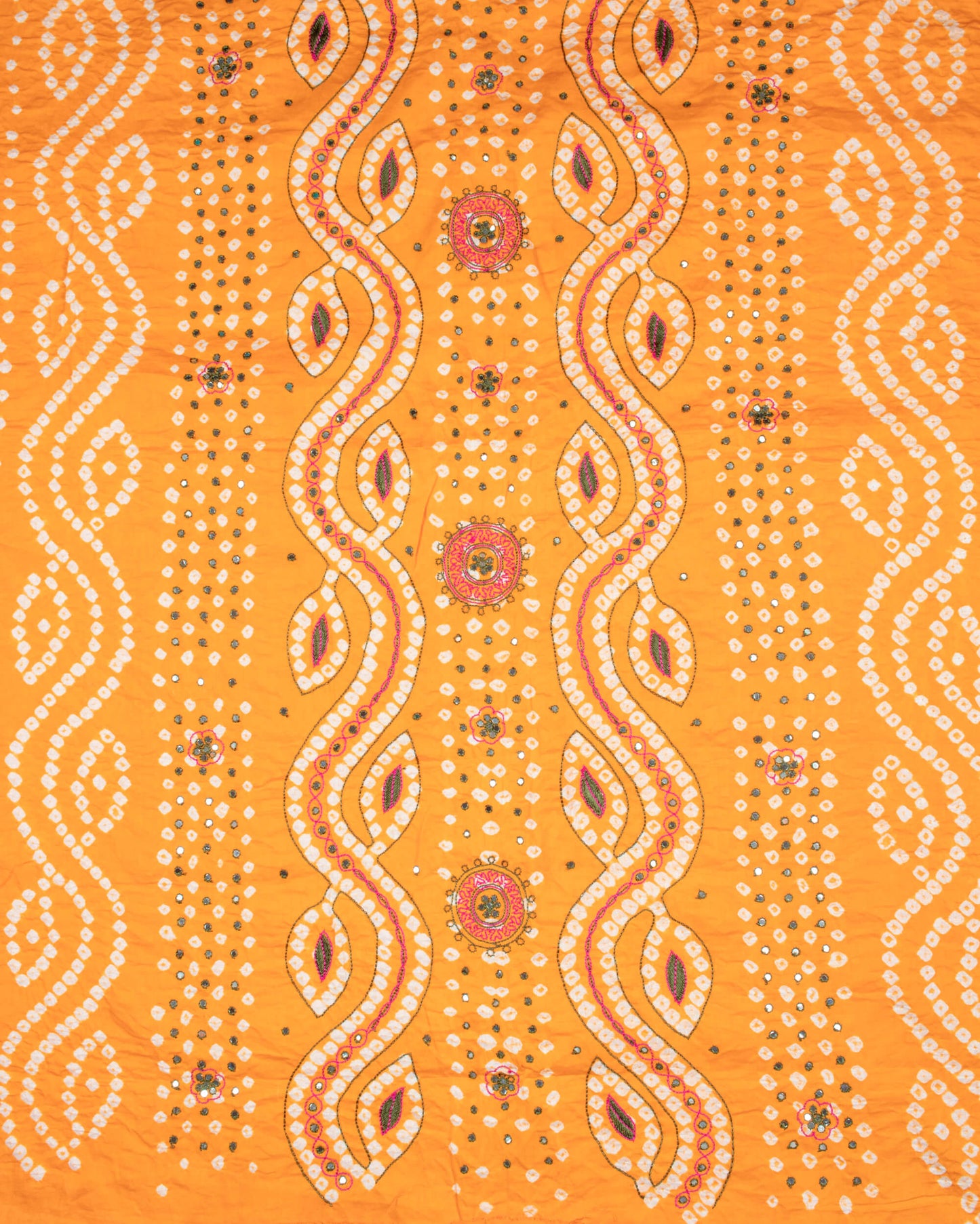 Fire Yellow And Grass Green Kutchi Bandhani Foil Mirror Work Unstitched Cotton Suit With Zari Border Dupatta