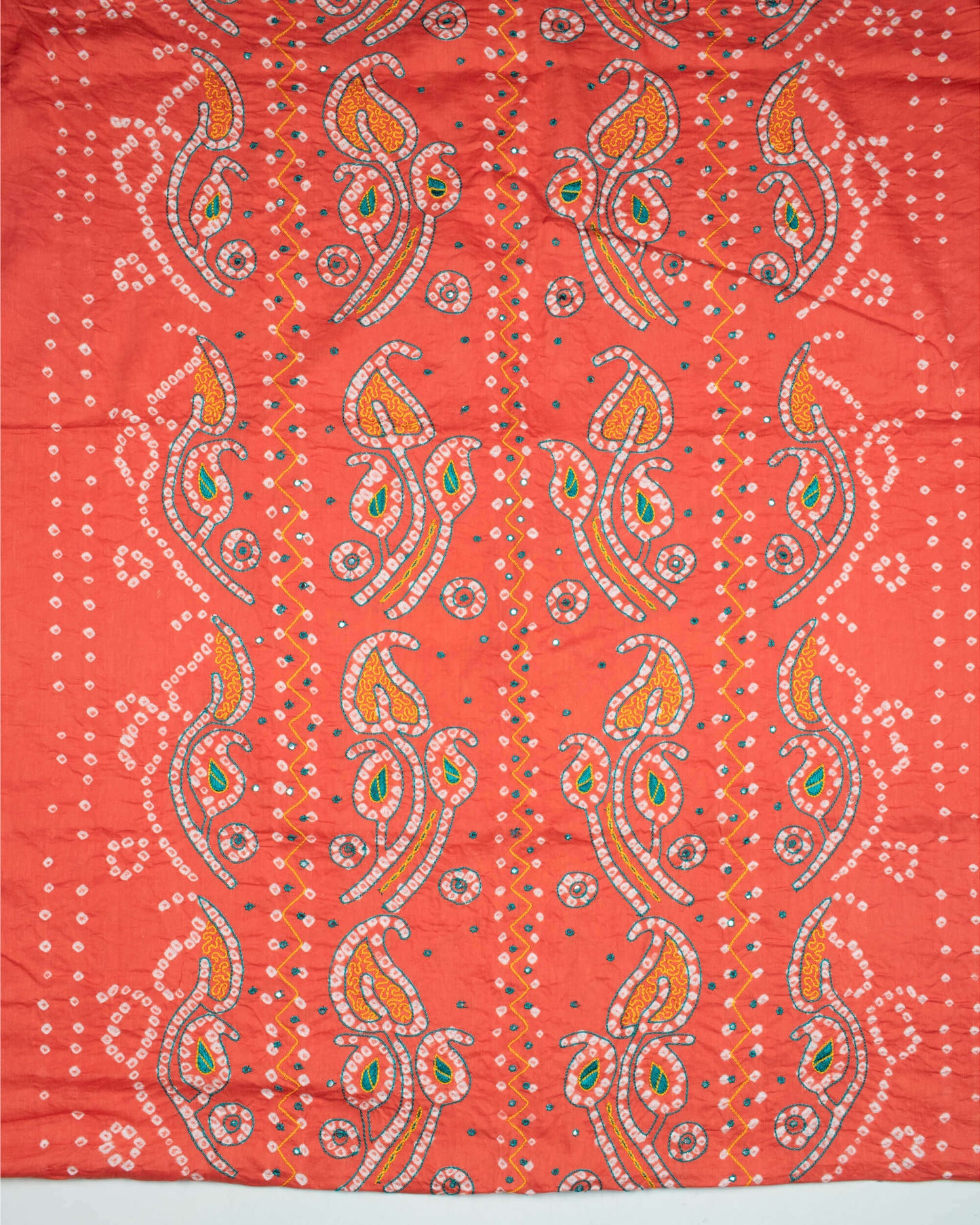 Peach And Green Kutchi Bandhani Foil Mirror Work Unstitched Cotton Suit With Zari Border Dupatta