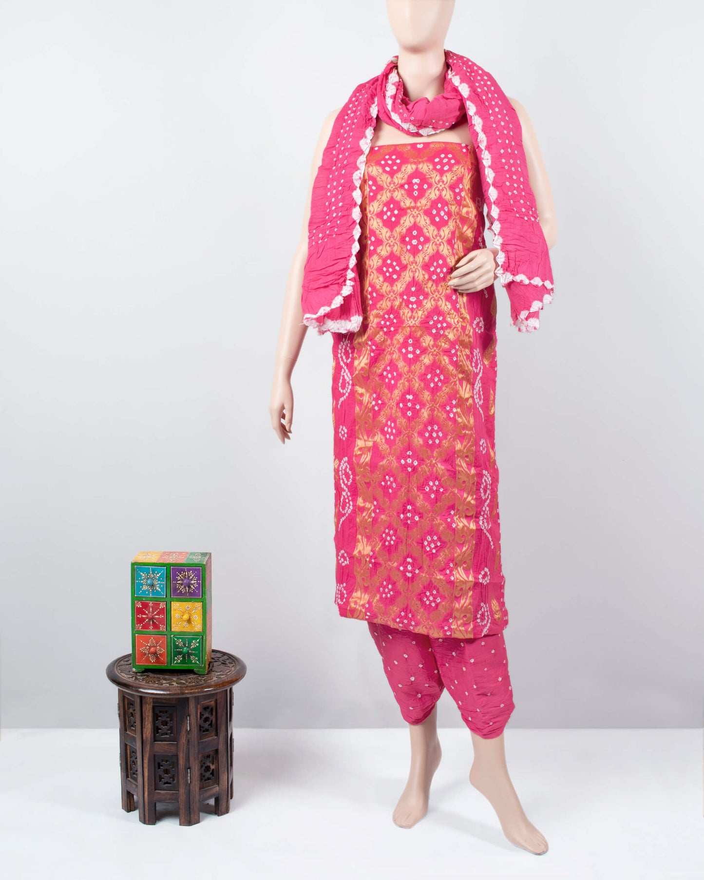Hot Pink Kutchi Bandhani Unstitched Cotton Suit With Dupatta