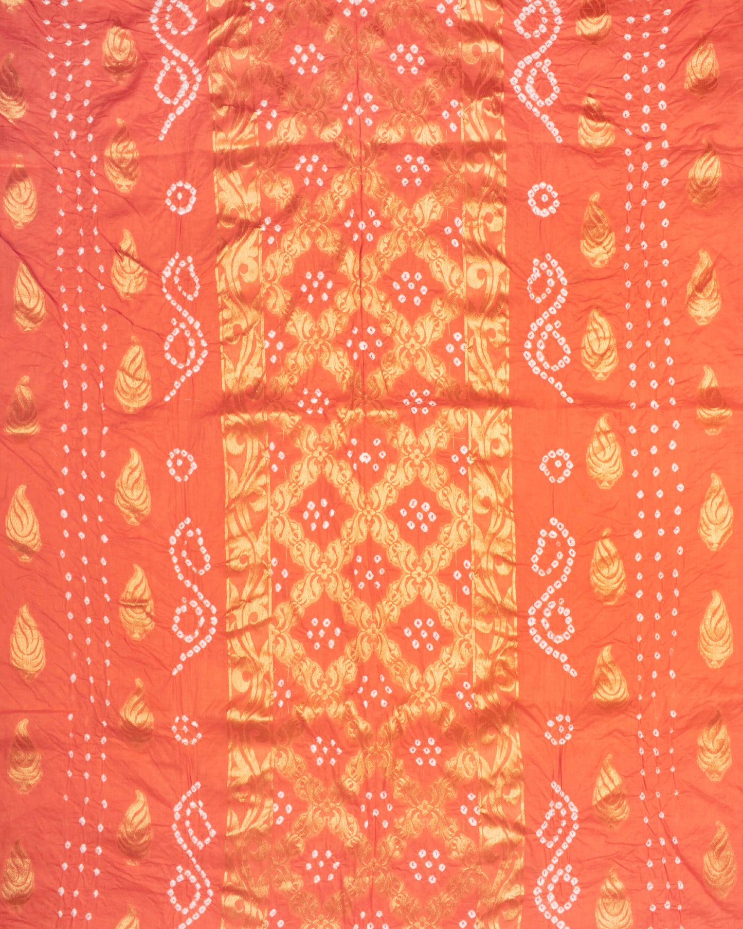 Coral Peach Kutchi Bandhani Unstitched Cotton Suit With Dupatta