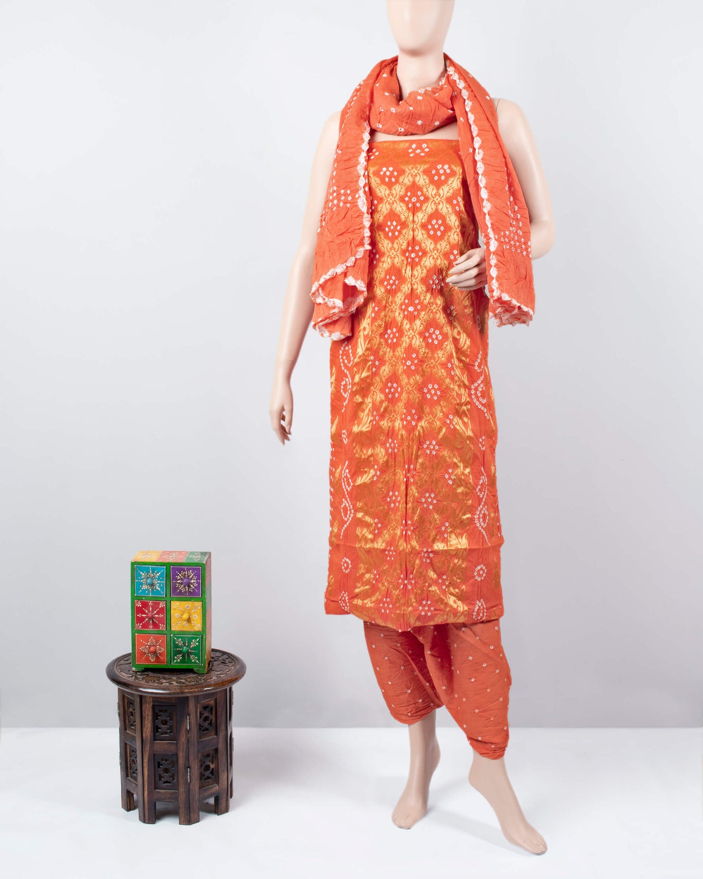 Coral Peach Kutchi Bandhani Unstitched Cotton Suit With Dupatta