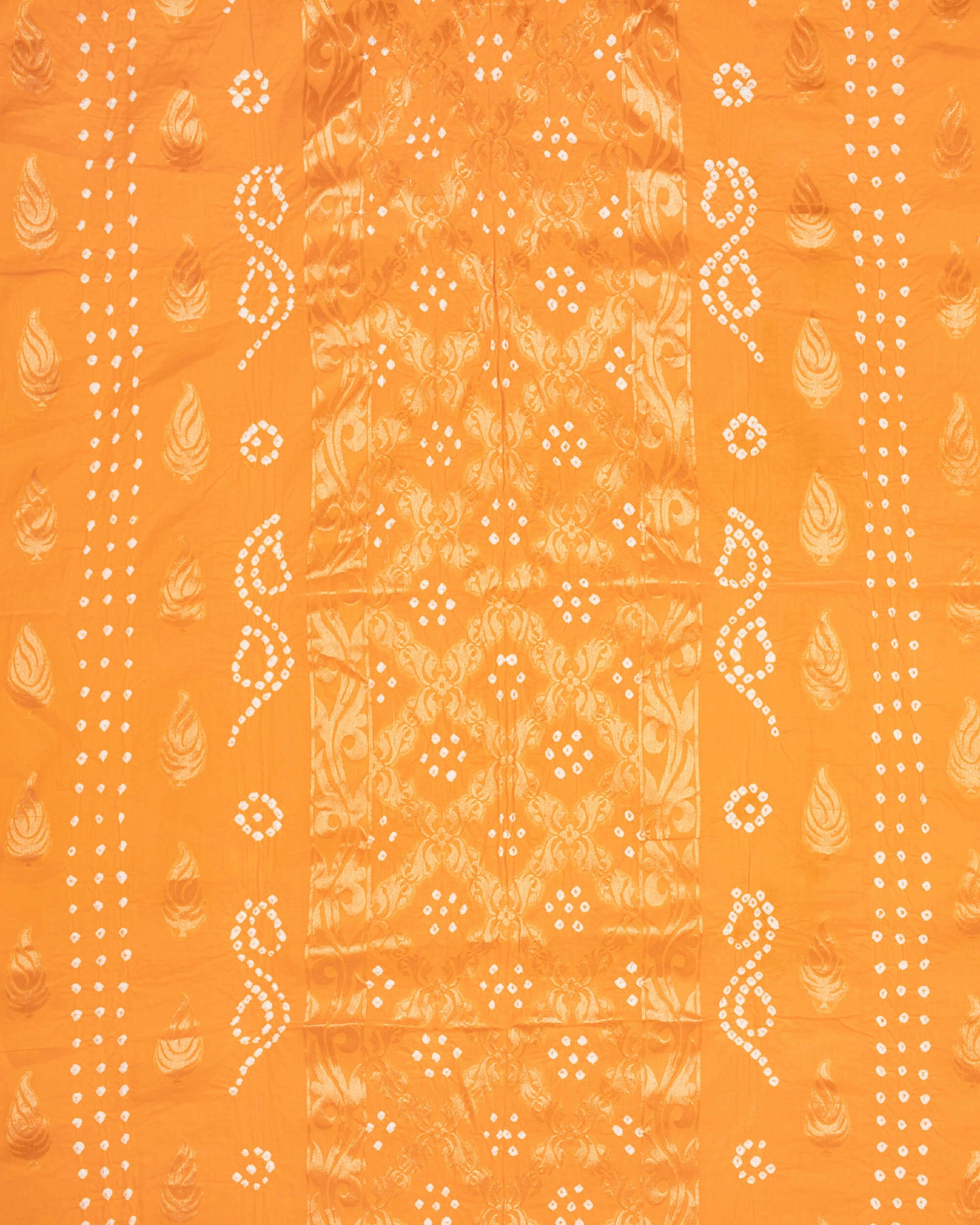 Fire Yellow Kutchi Bandhani Unstitched Cotton Suit With Dupatta