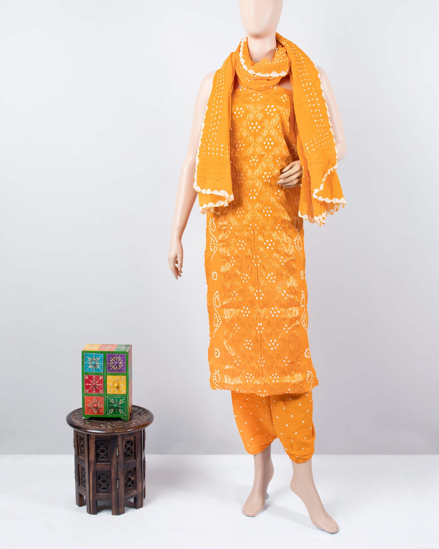 Fire Yellow Kutchi Bandhani Unstitched Cotton Suit With Dupatta