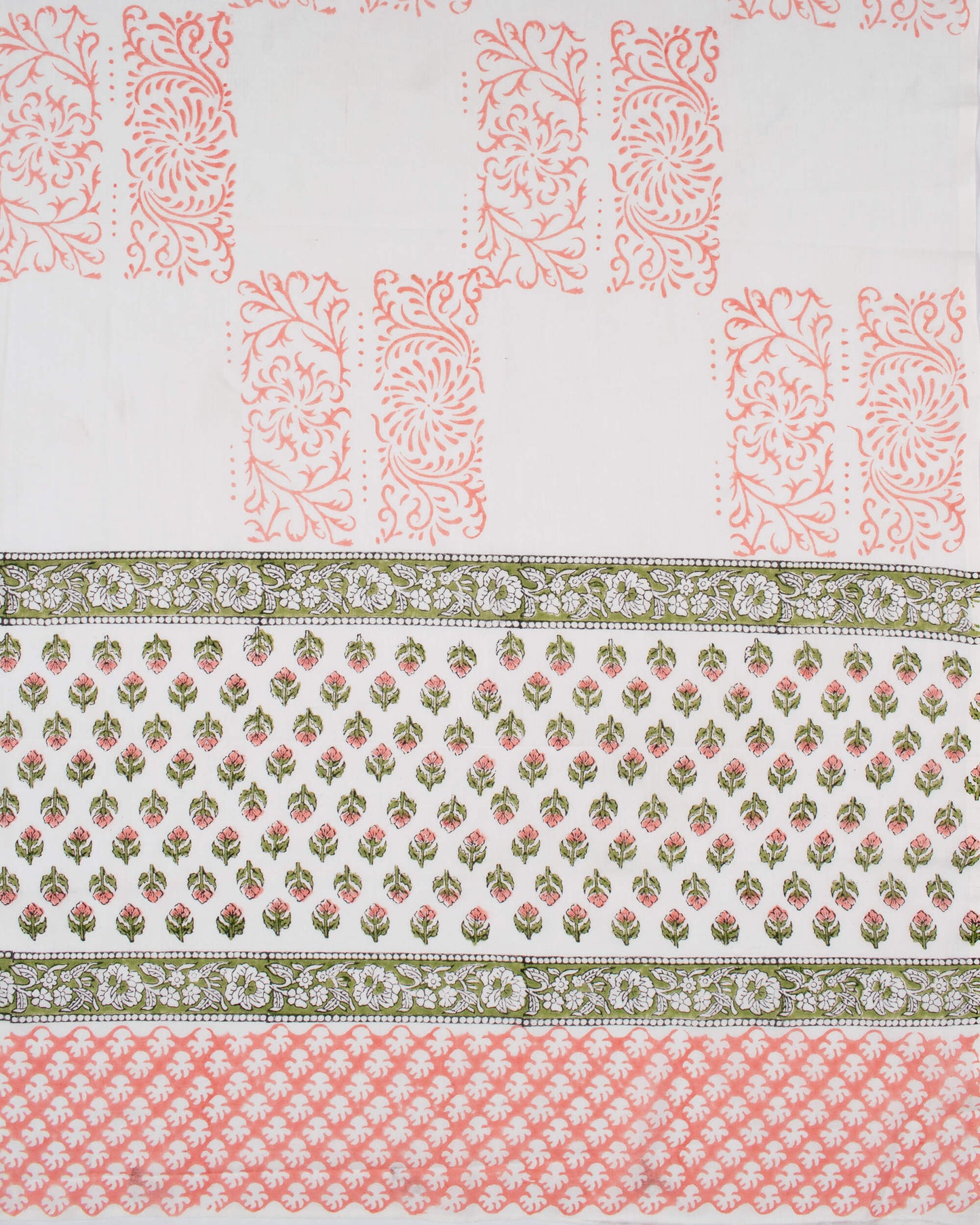 White And Rose Pink Floral Pattern Handblock Unstitched Cotton Suit With Mulmul Dupatta - Fabcurate