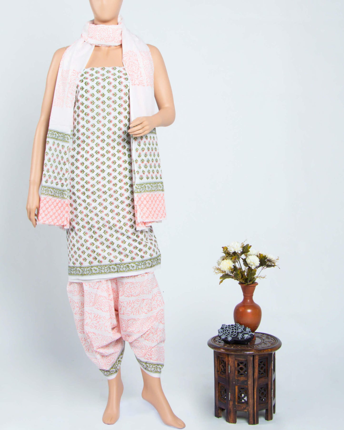 White And Rose Pink Floral Pattern Handblock Unstitched Cotton Suit With Mulmul Dupatta - Fabcurate