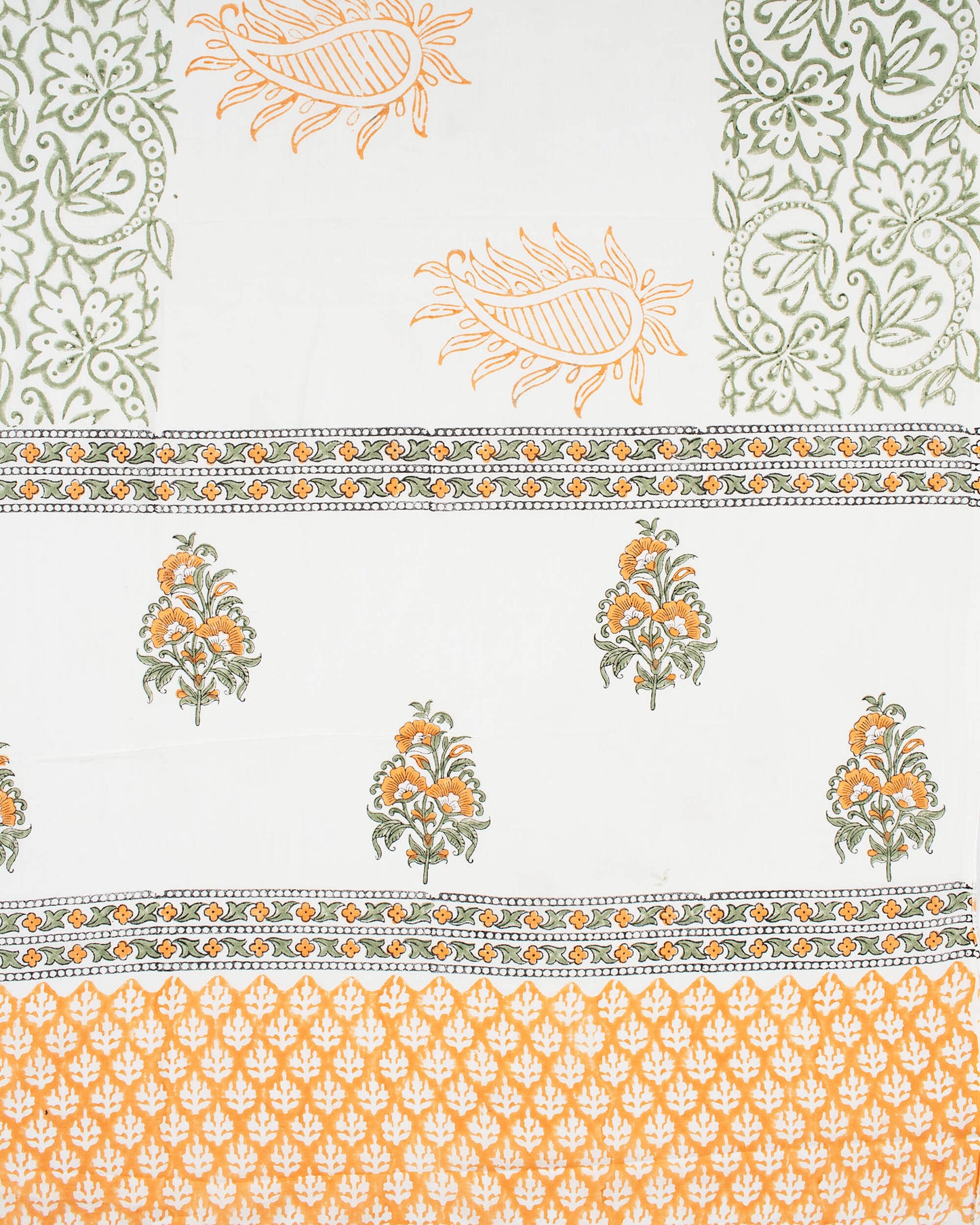 White And Marigold Yellow Floral Pattern Handblock Unstitched Cotton Suit With Mulmul Dupatta - Fabcurate
