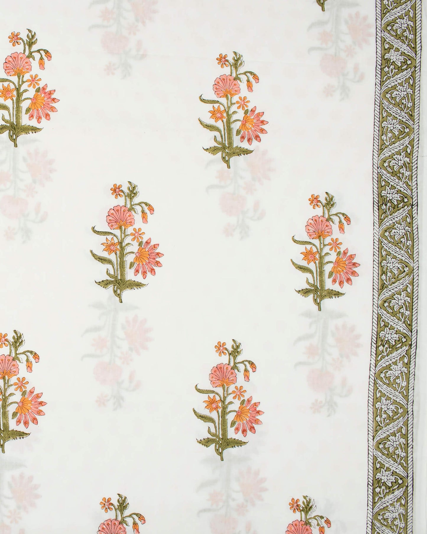 White And Peach Floral Pattern Handblock Unstitched Cotton Suit With Mulmul Dupatta - Fabcurate