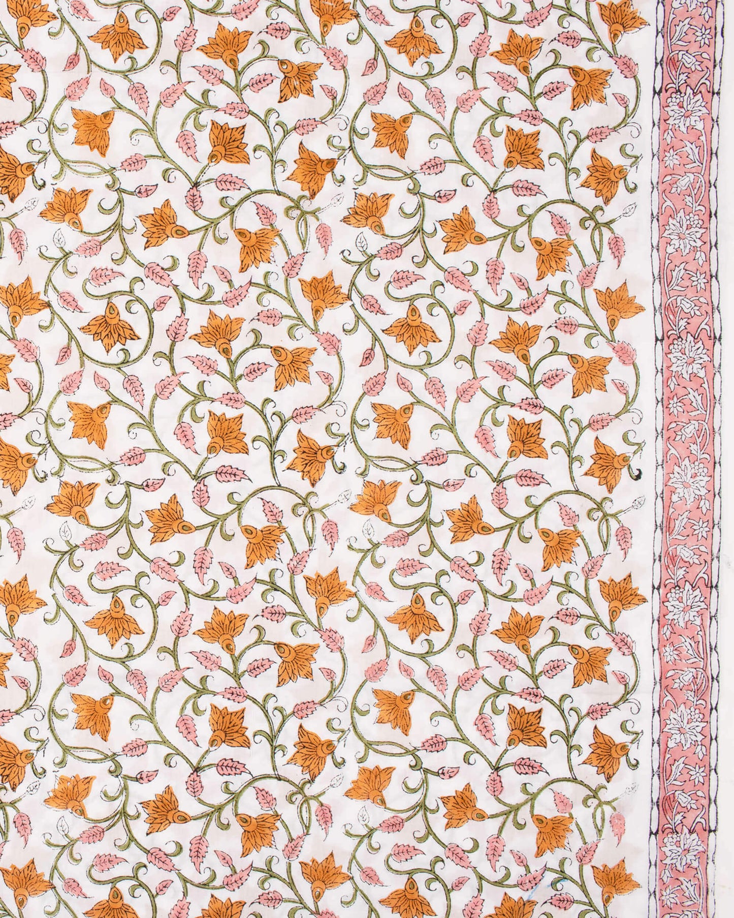White And Olive Green Floral Pattern Handblock Unstitched Cotton Suit With Mulmul Dupatta - Fabcurate