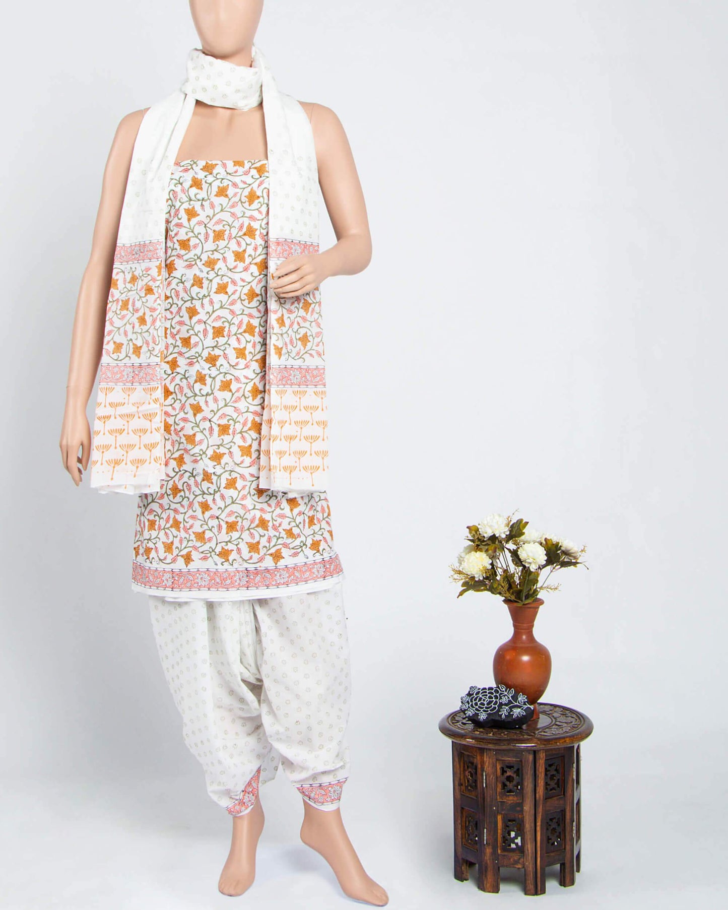 White And Olive Green Floral Pattern Handblock Unstitched Cotton Suit With Mulmul Dupatta - Fabcurate
