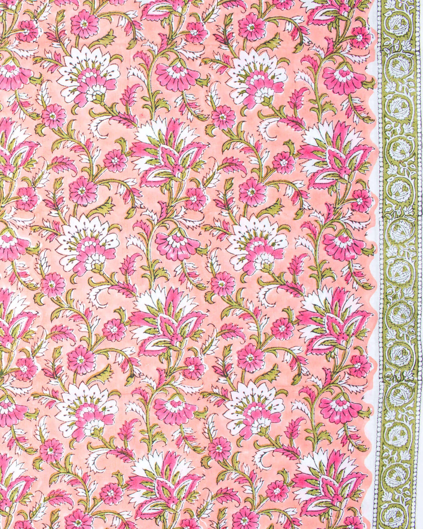 Peach And Pink Floral Pattern Handblock Unstitched Cotton Suit With Mulmul Dupatta - Fabcurate