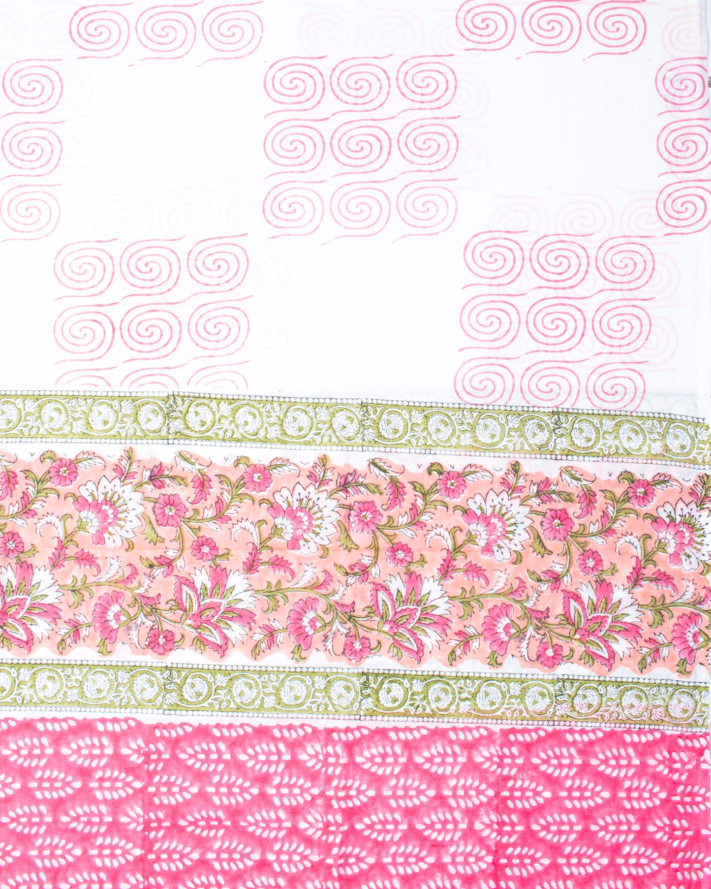 Peach And Pink Floral Pattern Handblock Unstitched Cotton Suit With Mulmul Dupatta - Fabcurate