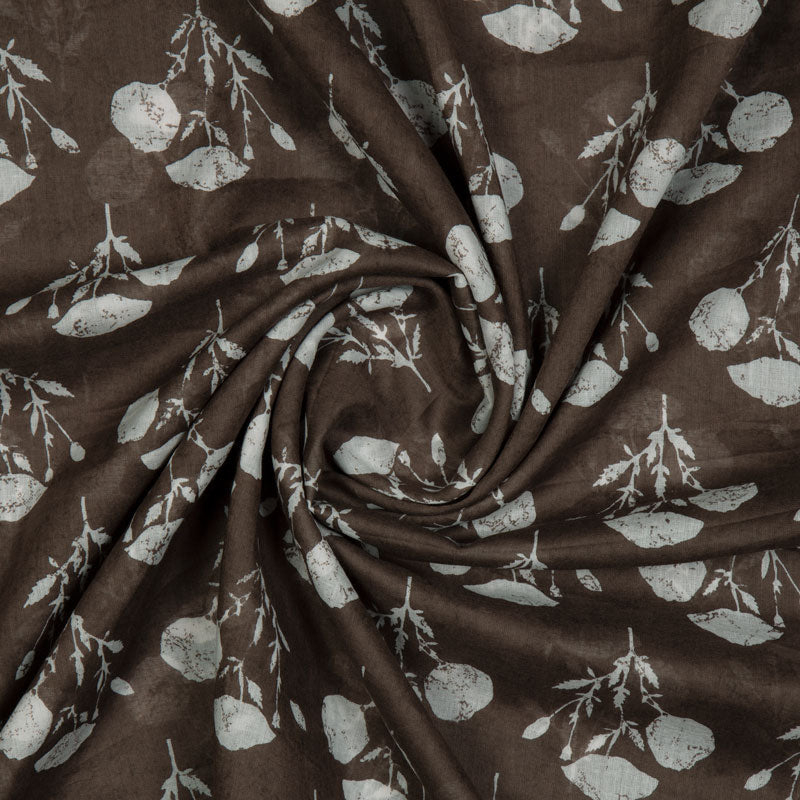 Brown Base With White Mughal Floral Pattern Mulmul Fabric